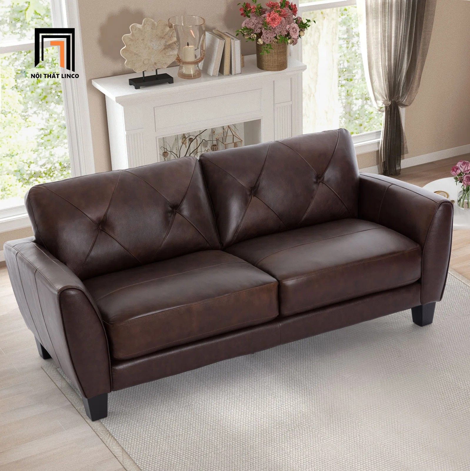 Set ghế sofa màu nâu cho gia đình KT142 Nayelys bọc da Pu đẹp