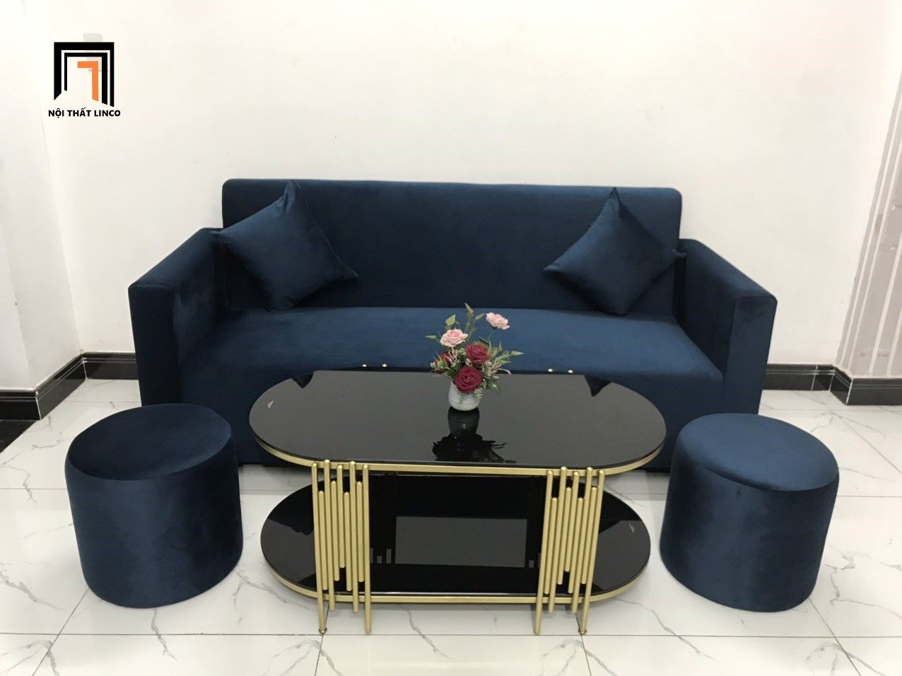 Bộ ghế sofa băng xanh đen BG03 dài 1m9 vải nhung nỉ giá rẻ
