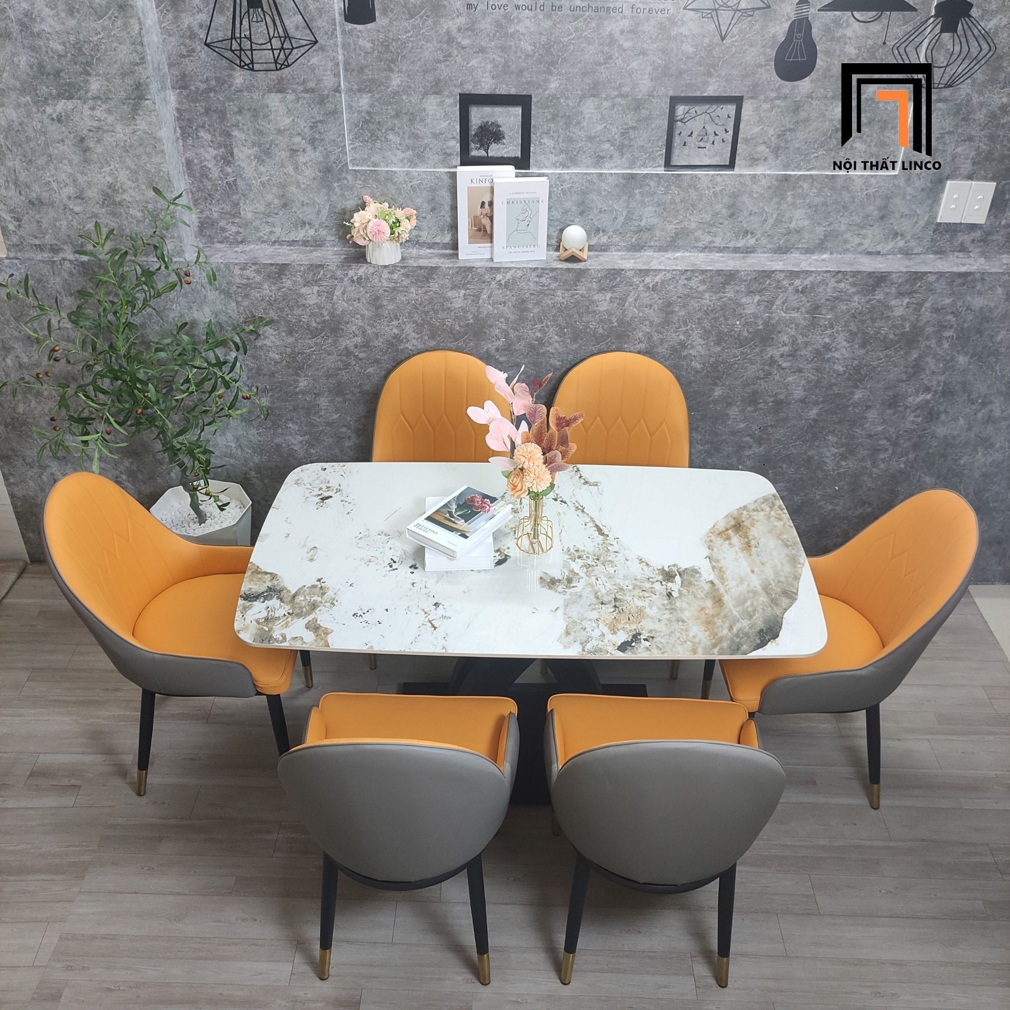 Combo bàn ăn 6 ghế da giả 2-BAD6-G1-B2 đá ceramic đẹp