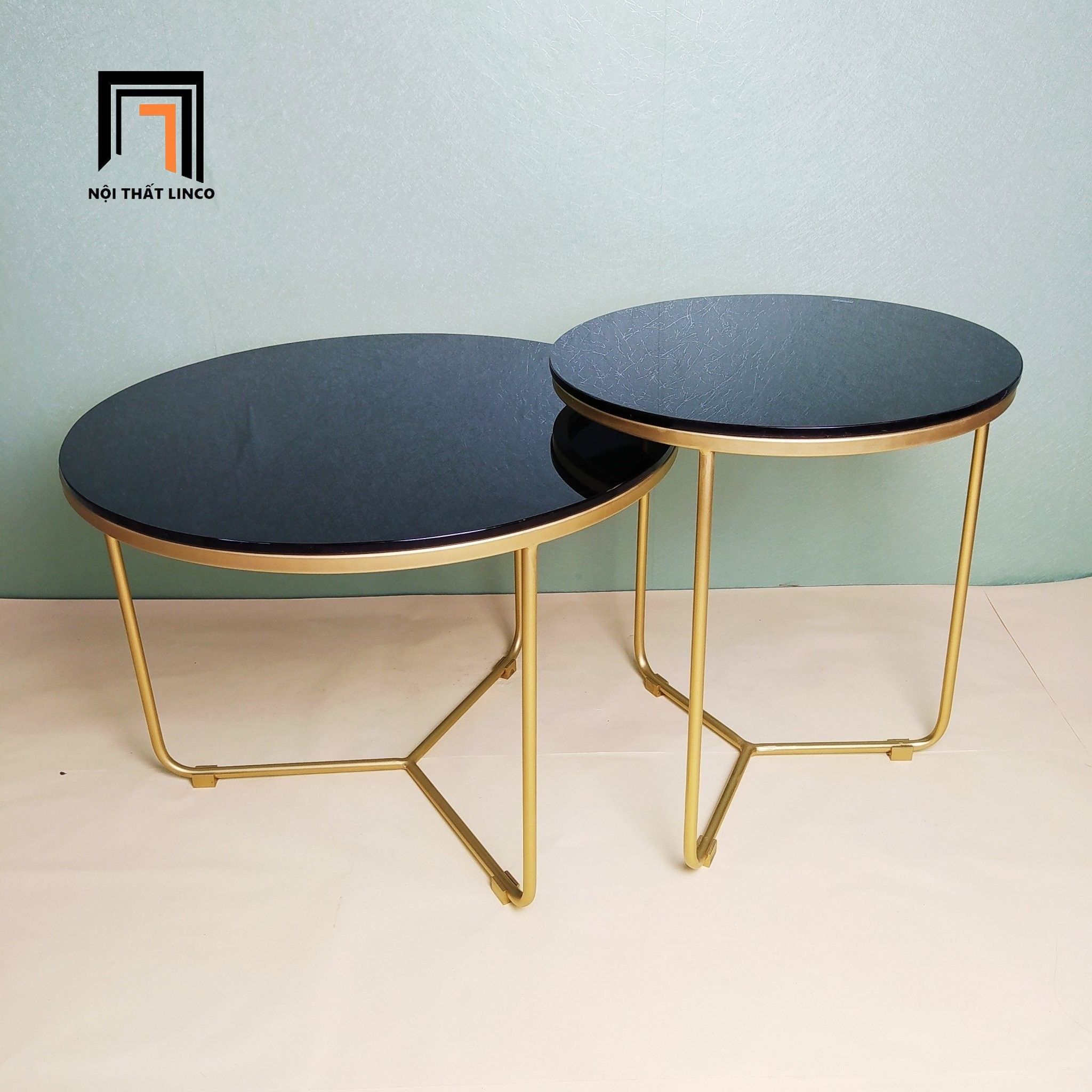 Cặp bàn trà mặt kính đen tròn BTPK89 Speer khung chân sắt