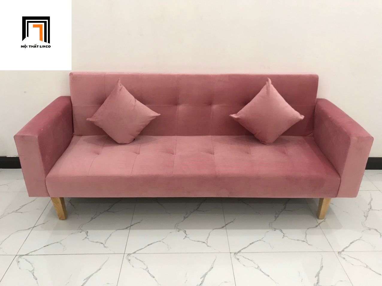 Bộ bàn ghế sofa giường nhỏ 2m BTV màu hồng phấn vải nhung