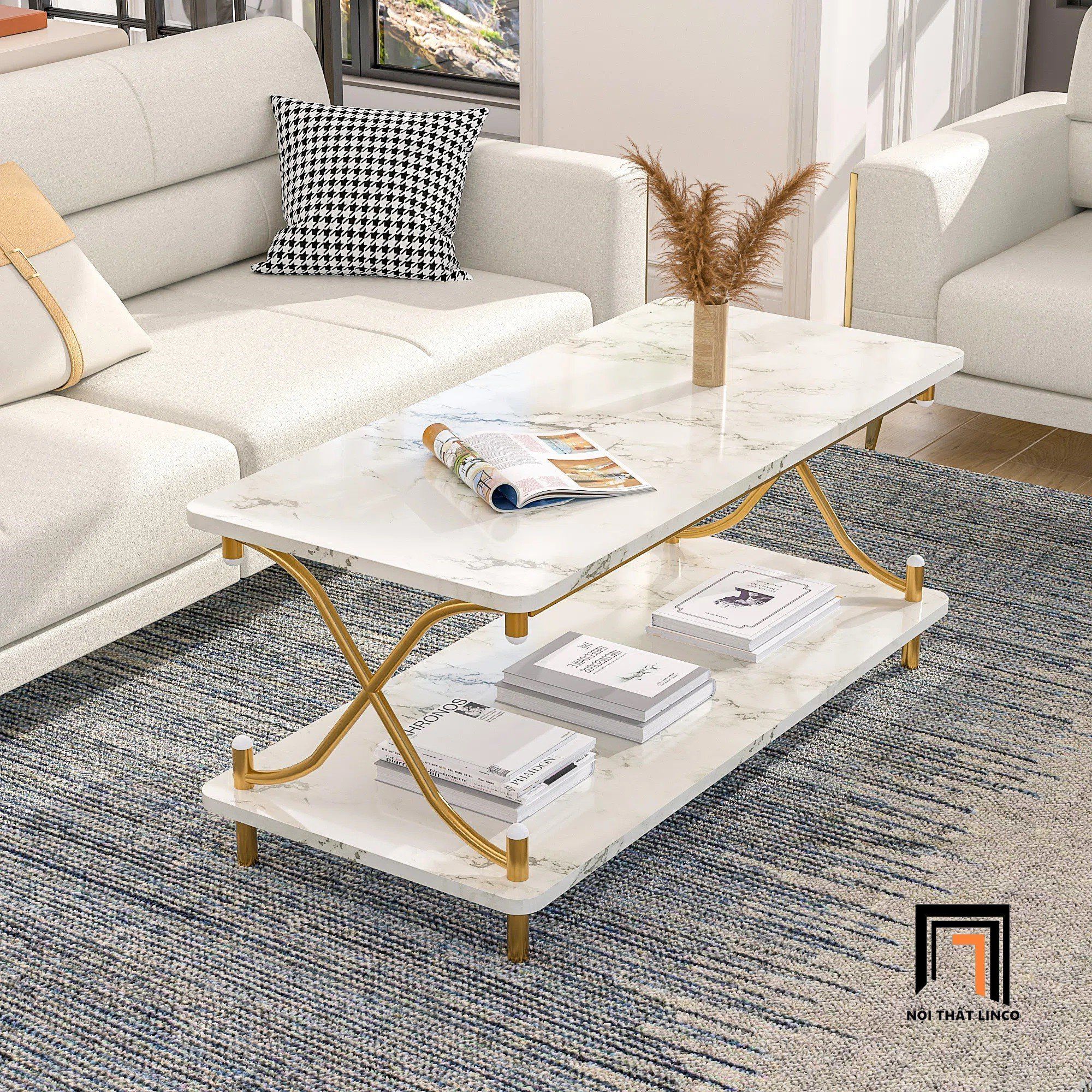 Bàn sofa mặt đá 2 tầng xinh xắn BSF69 Kempst khung chân đẹp