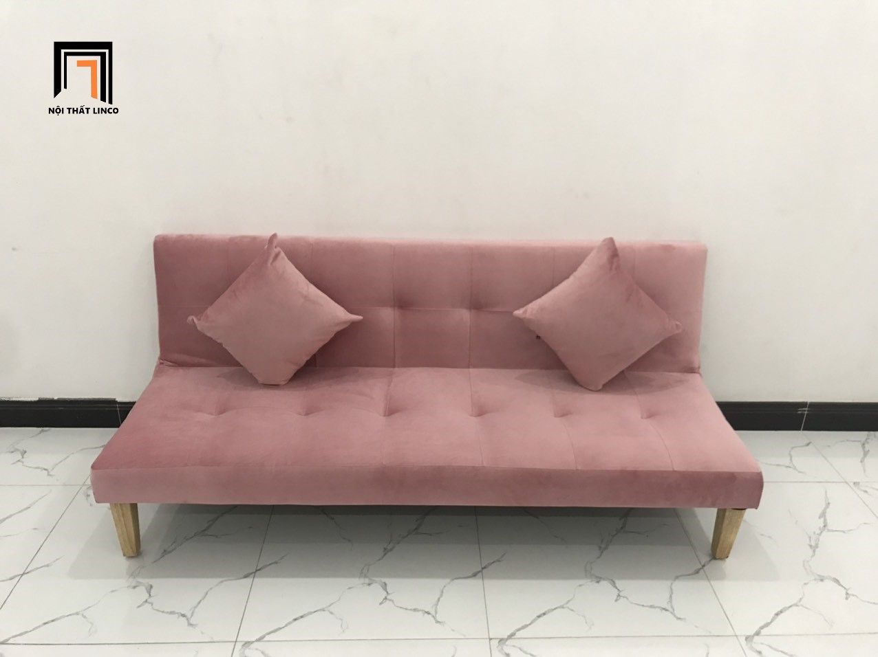 Bộ ghế sofa giường hồng vải nhung dài 1m72 cho shop tiệm nhỏ
