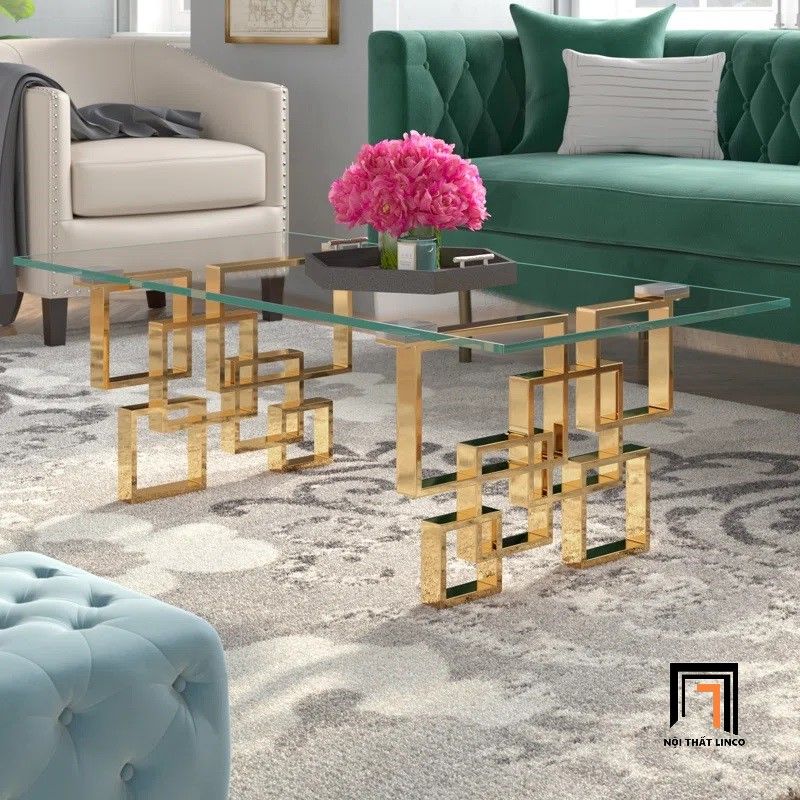 Bàn sofa chữ nhật kính cường lực BSF19 Neste khung sắt vàng