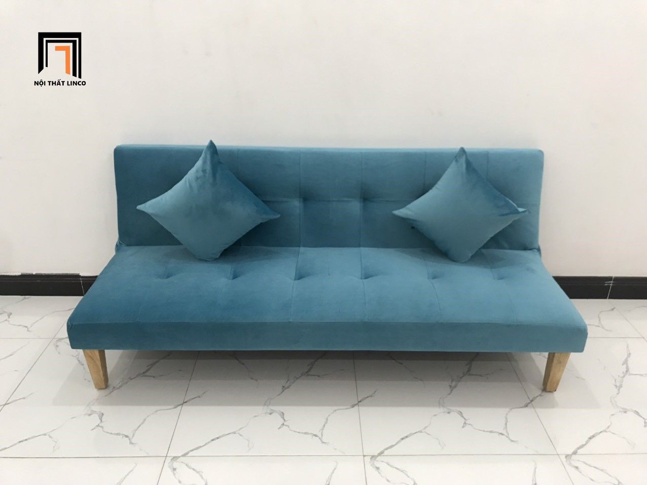 Bộ ghế sofa bed bật giường xanh dương vải nhung dài 1m72
