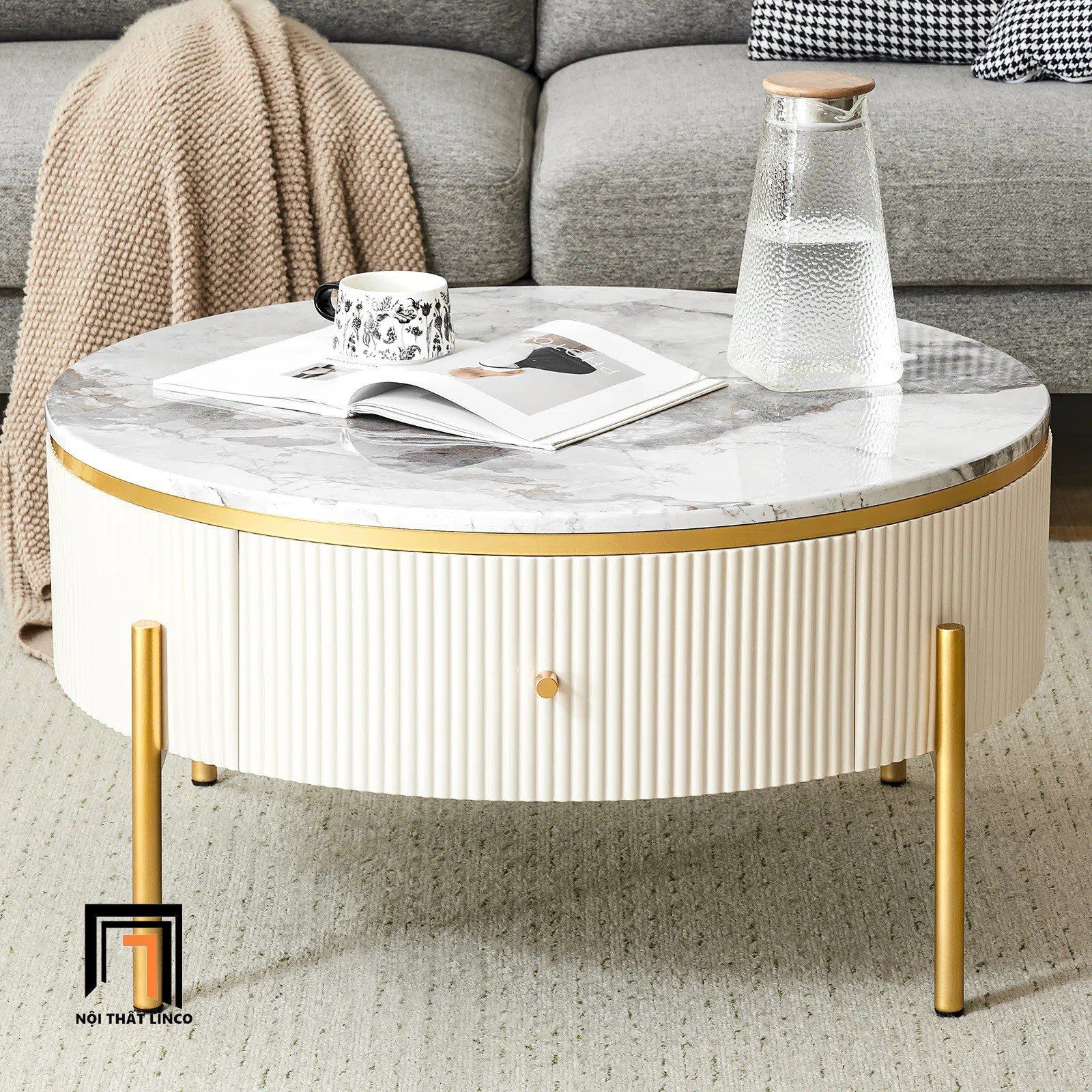 Bàn sofa mặt đá tròn 60 hộc kéo BSF60 Eureka chân inox đẹp