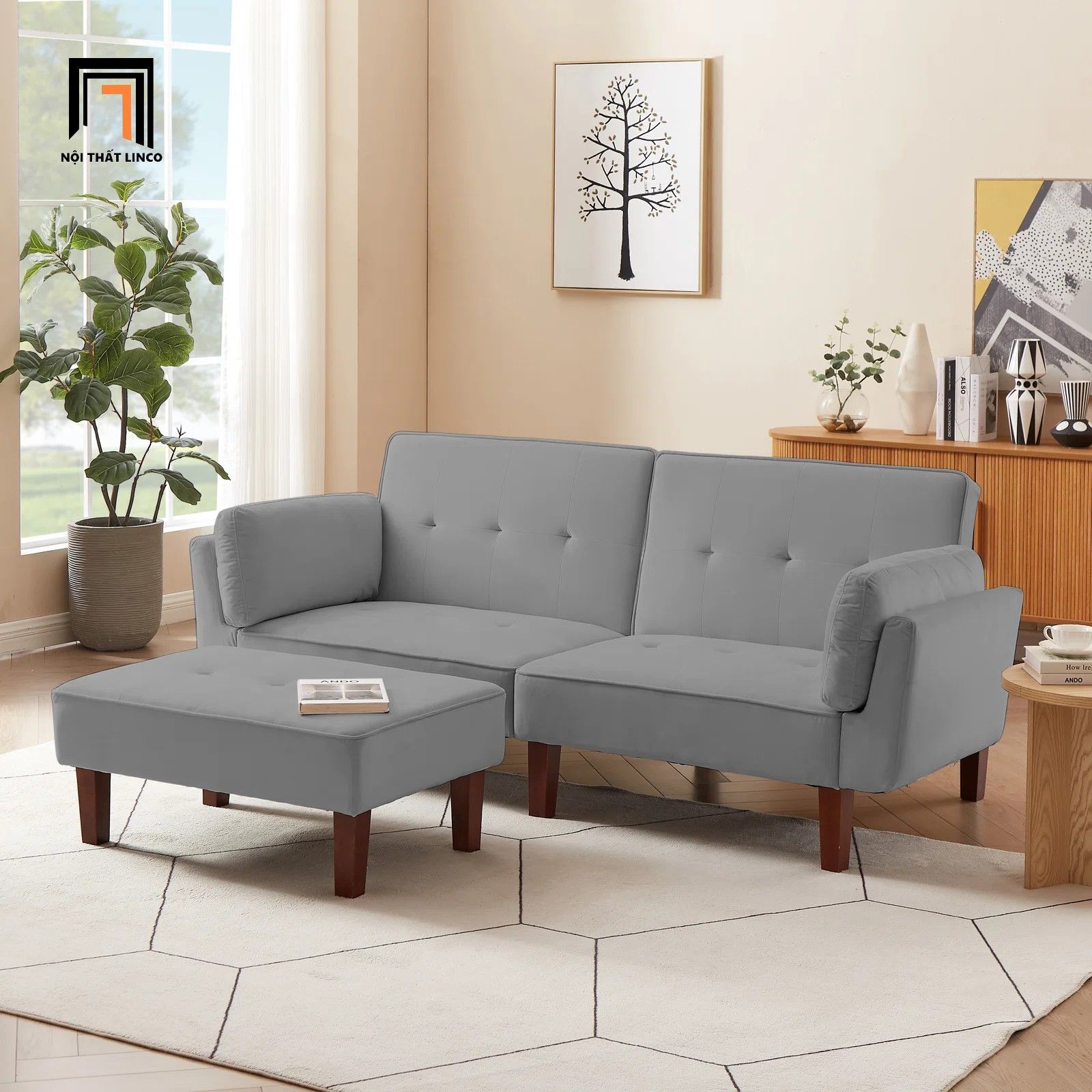 Ghế sofa bed giường nằm GB53 Armisen 2m xám trắng vải nỉ nhung