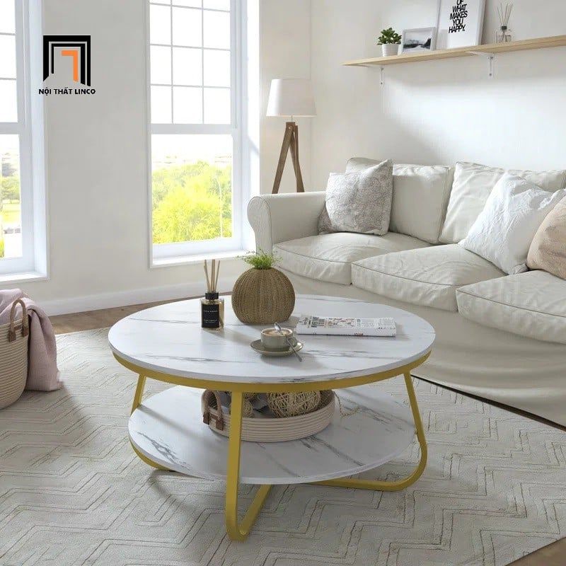 Bàn sofa hình tròn 70cm xinh xắn BSF13 Octagon mặt đá 2 tầng