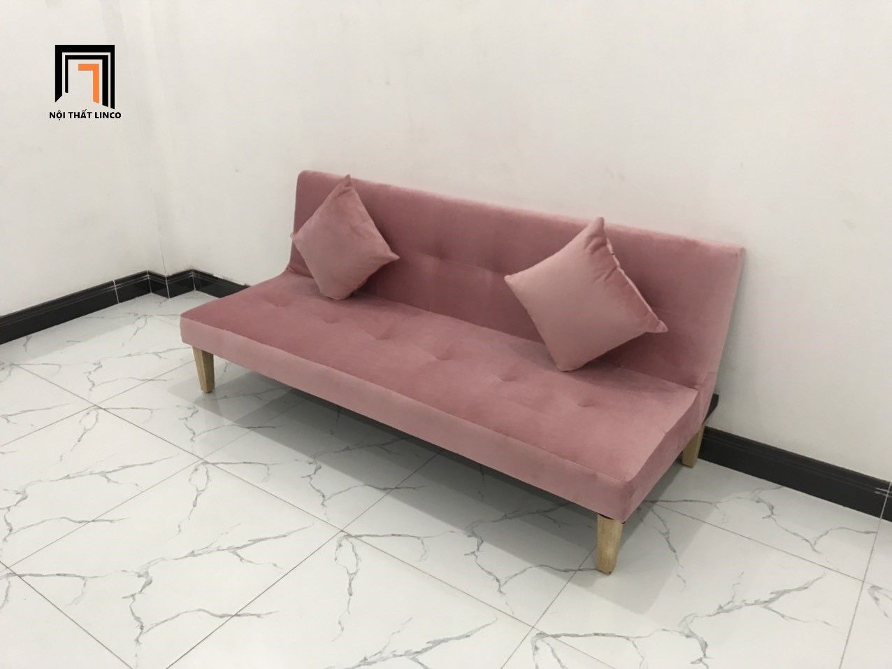 Bộ ghế sofa giường hồng vải nhung dài 1m72 cho shop tiệm nhỏ