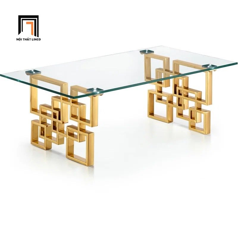 Bàn sofa chữ nhật kính cường lực BSF19 Neste khung sắt vàng
