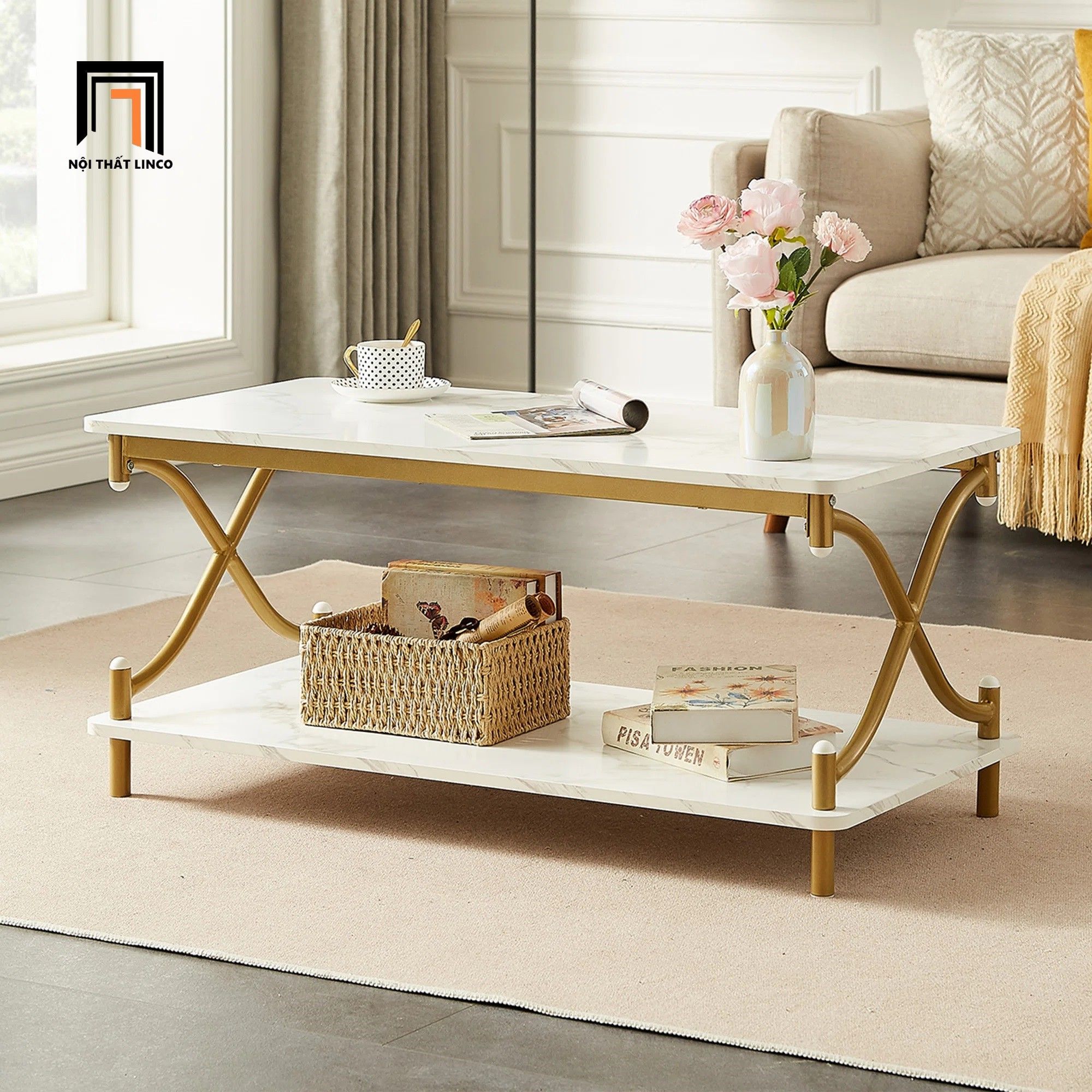 Bàn sofa mặt đá 2 tầng xinh xắn BSF69 Kempst khung chân đẹp