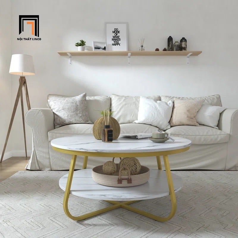 Bàn sofa hình tròn 70cm xinh xắn BSF13 Octagon mặt đá 2 tầng