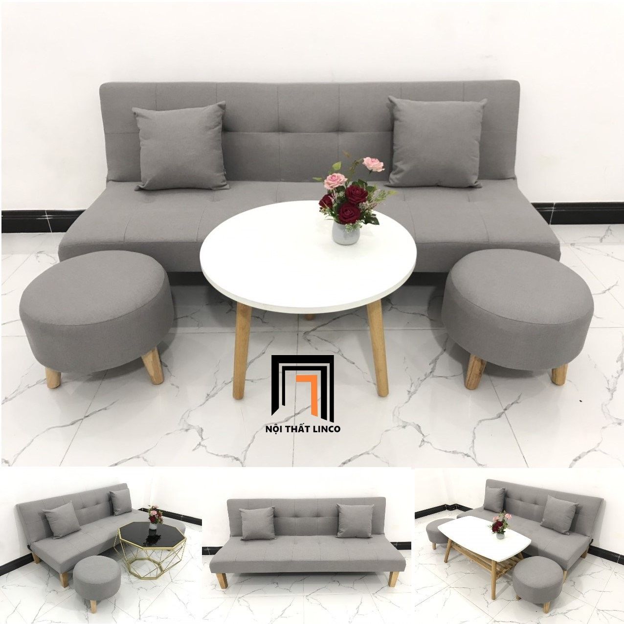 Bộ ghế sofa giường xám ghi trắng dài 1m72 cho phòng khách nhỏ