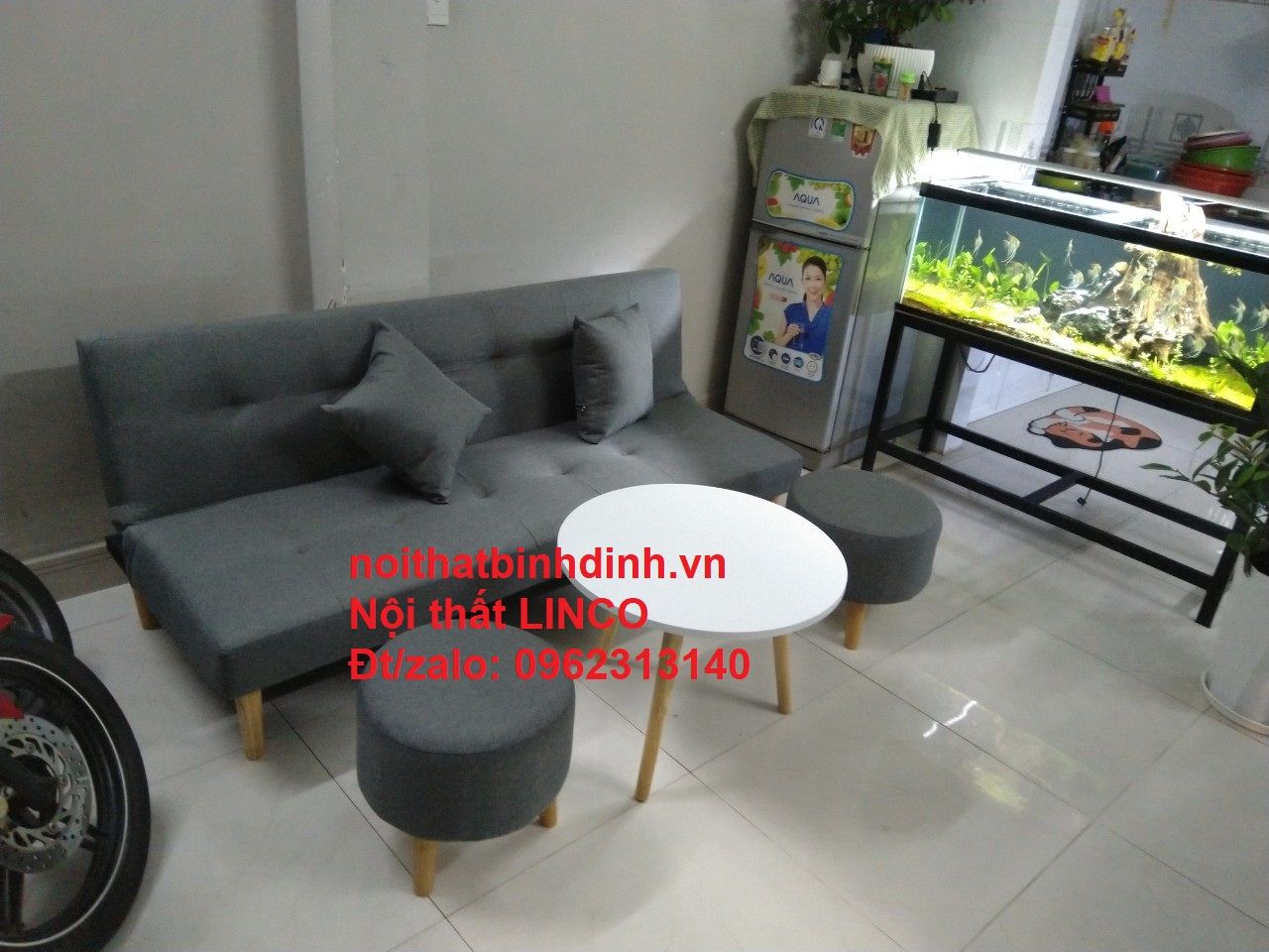 Bộ ghế sofa giường đa năng xám đen lông chuột dài 1m72