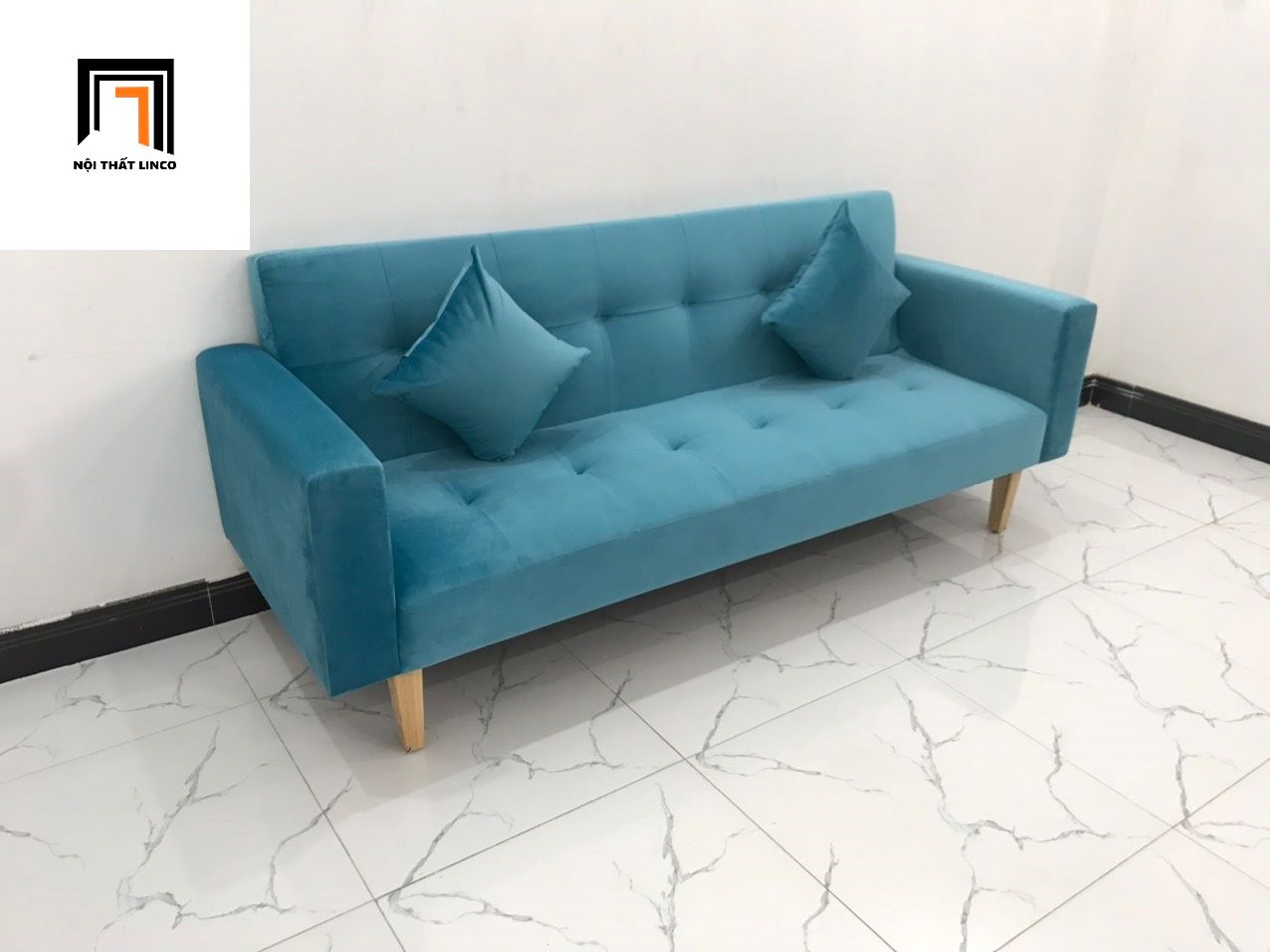 Bộ ghế sofa giường xanh dương vải nhung BTV 2m giá rẻ