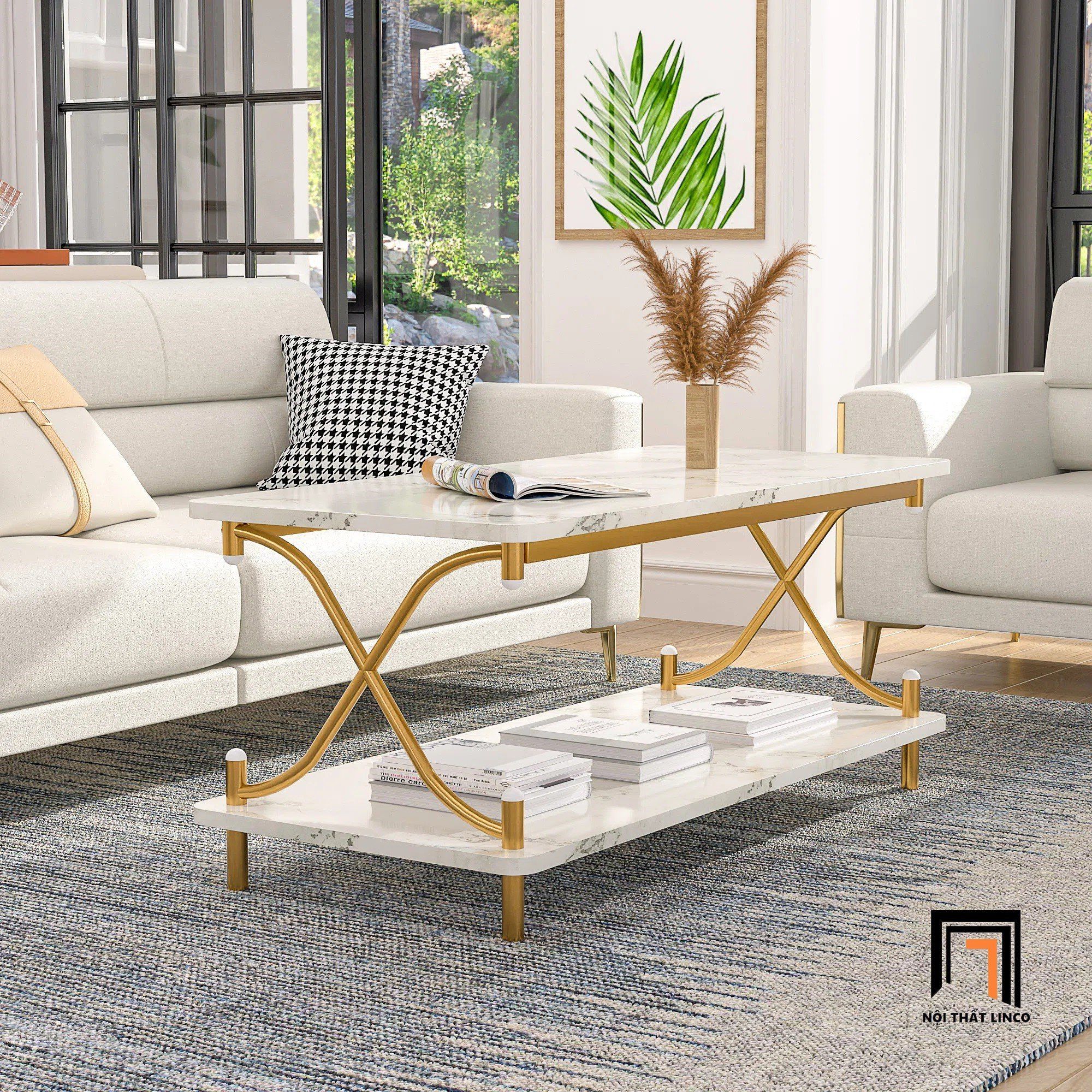 Bàn sofa mặt đá 2 tầng xinh xắn BSF69 Kempst khung chân đẹp