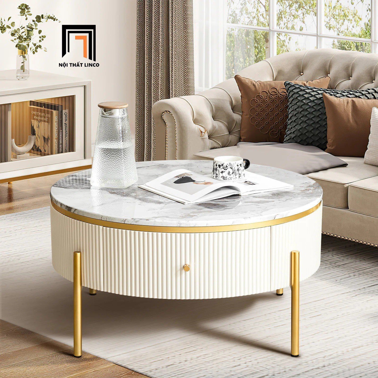 Bàn sofa mặt đá tròn 60 hộc kéo BSF60 Eureka chân inox đẹp
