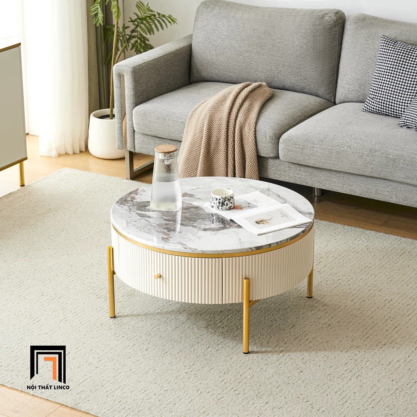 Bàn sofa mặt đá tròn 60 hộc kéo BSF60 Eureka chân inox đẹp