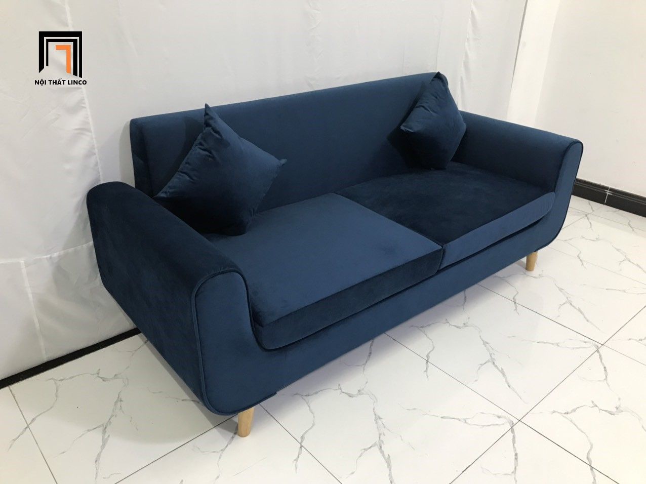 Bộ ghế sofa băng NS04 màu xanh đen vải nhung dài 1m9