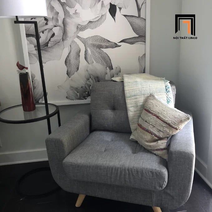 Ghế sofa đơn nhỏ gọn DT15 Julianna màu xám trắng vải bố