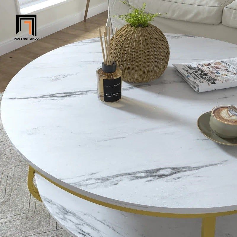 Bàn sofa hình tròn 70cm xinh xắn BSF13 Octagon mặt đá 2 tầng