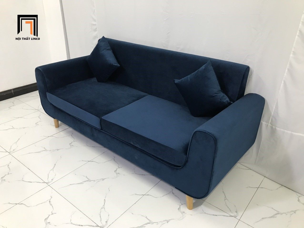 Bộ ghế sofa băng NS04 màu xanh đen vải nhung dài 1m9