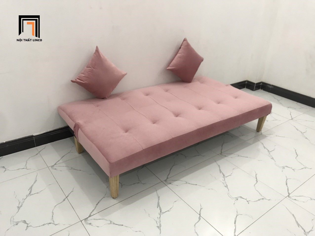 Bộ ghế sofa giường hồng vải nhung dài 1m72 cho shop tiệm nhỏ