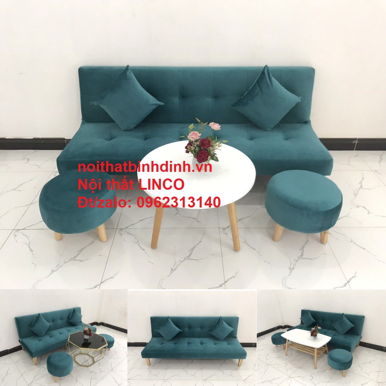 Bộ ghế sofa giường phòng khách xanh lá vải nhung dài 1m7