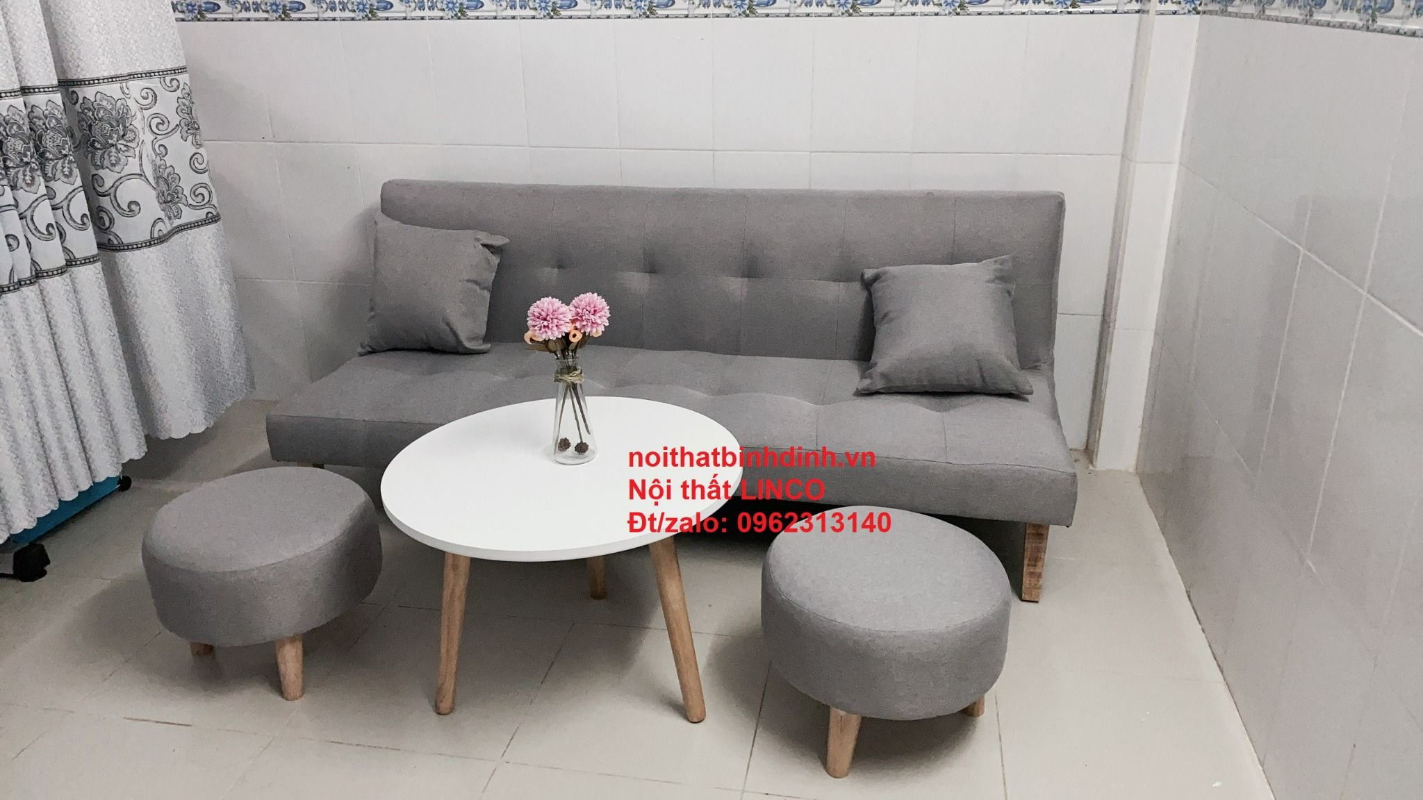 Bộ ghế sofa giường xám ghi trắng dài 1m72 cho phòng khách nhỏ