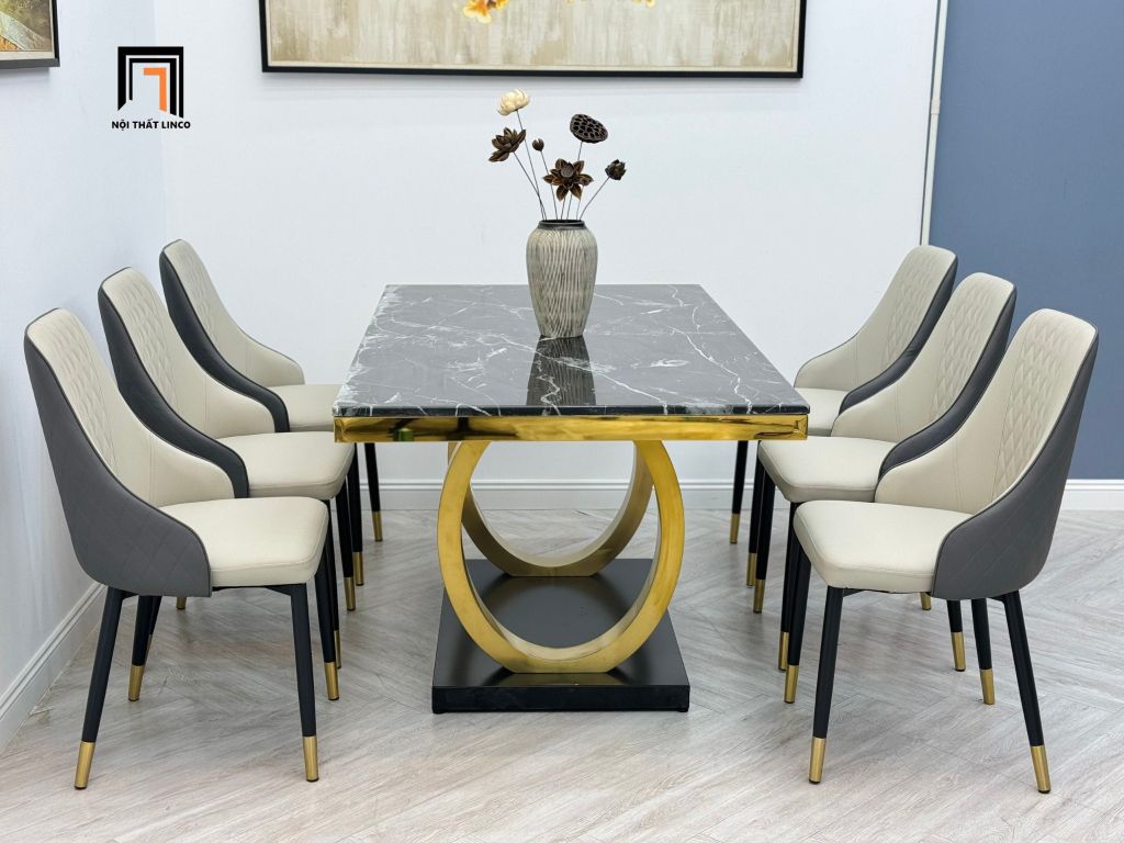 Bộ bàn ăn mặt đá đen ceramic 19-BAD6-G16-B20 6 ghế hiện đại