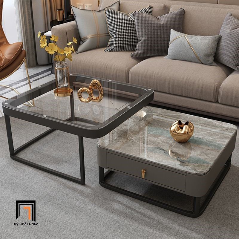 Cặp bàn sofa vuông mặt đá BSF45 Modany khung chân sắt đen