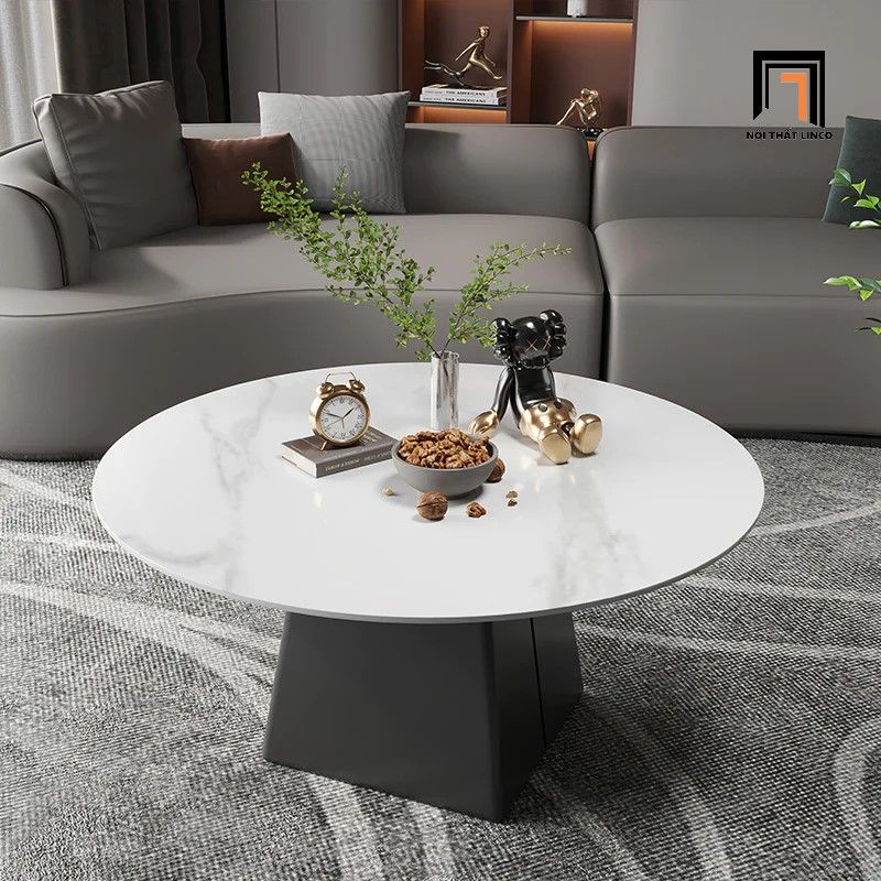 Bàn trà 60cm hình tròn mặt đá trắng BSF29 Lammo chân sắt xòe