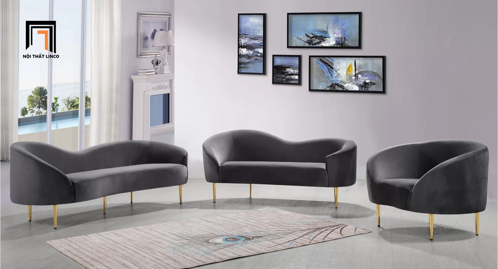 Bộ ghế sofa băng cong KT14 Shurtz vải nhung nỉ sang trọng