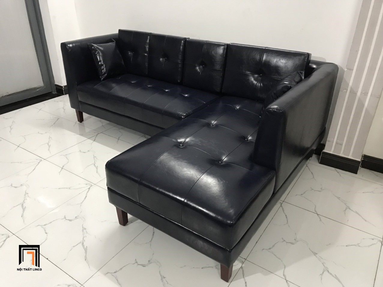 Bộ ghế sofa góc L da giả đen GT231 Ambelia 2m3 x 1m6 cao cấp