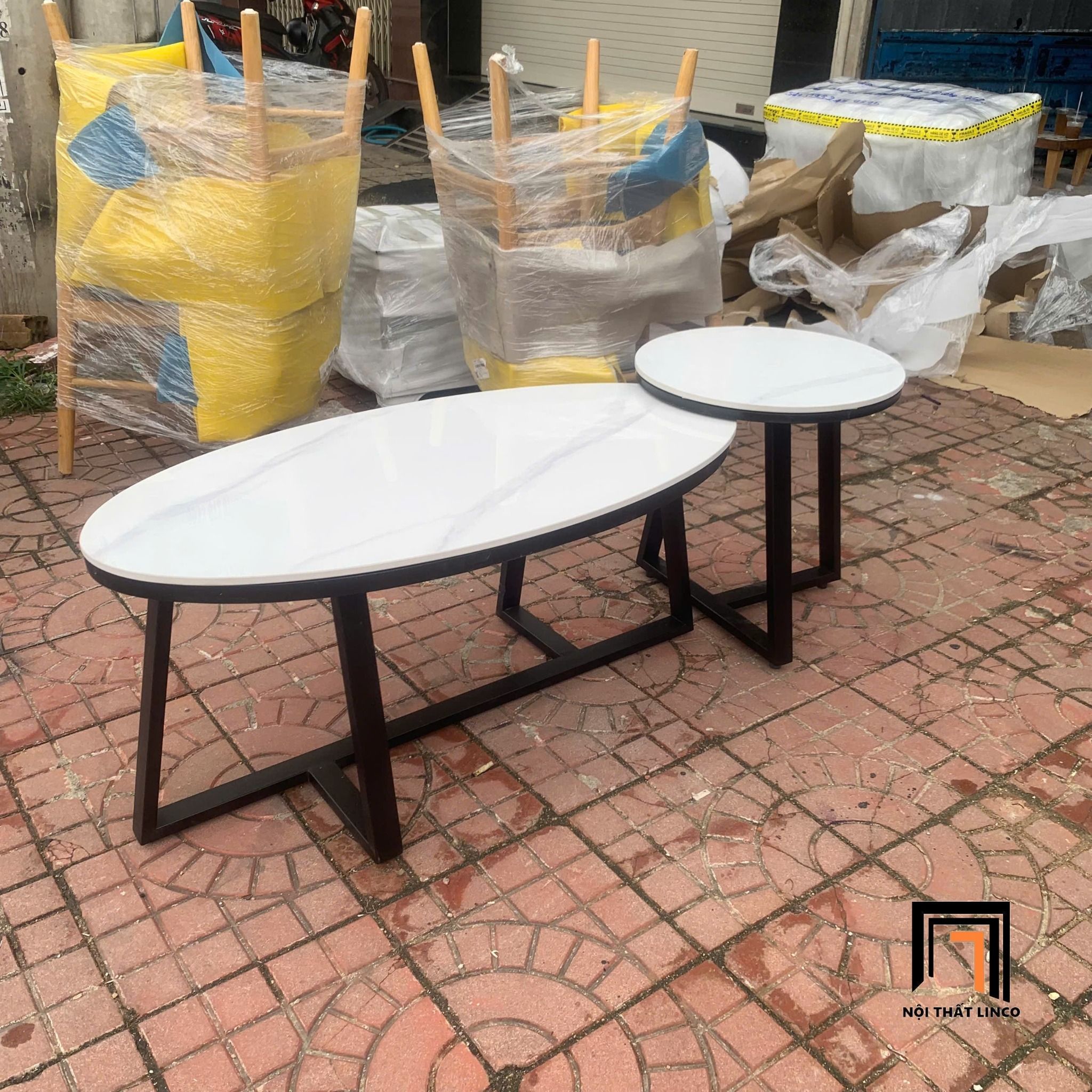 Cặp bàn trà mặt đá trắng BTPK19 Waka phòng khách xinh xắn