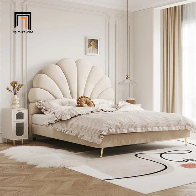 Giường ngủ hình hoa sen vải nỉ trắng kem GN41 Innis xinh xắn