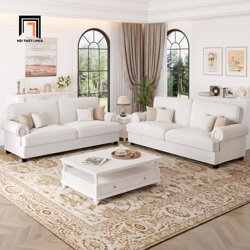 Set 2 ghế sofa phòng khách KT157 Gouchi trắng kem vải nỉ nhung