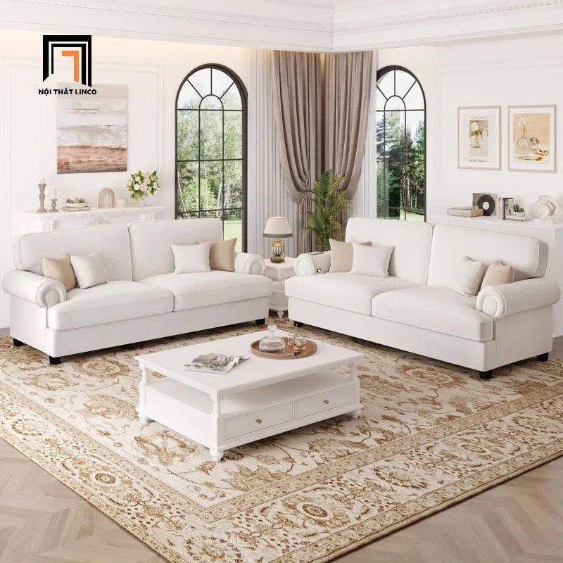 Set 2 ghế sofa phòng khách KT157 Gouchi trắng kem vải nỉ nhung