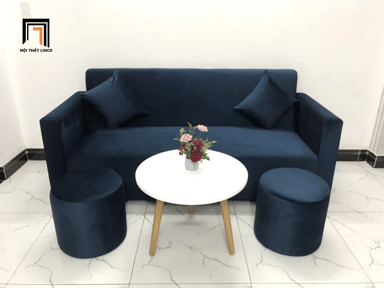 Bộ ghế sofa băng xanh đen BG03 dài 1m9 vải nhung nỉ giá rẻ
