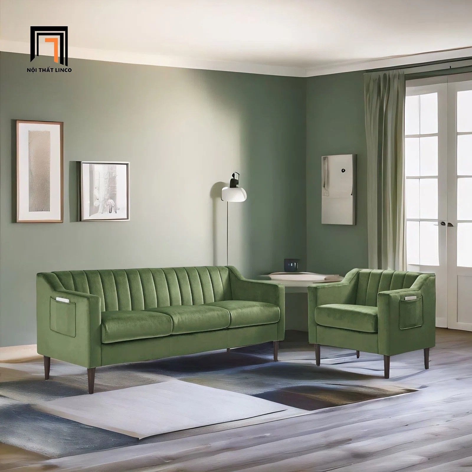 Bộ ghế sofa gia đình vải nhung xanh lá KT131 Perrytown giá rẻ