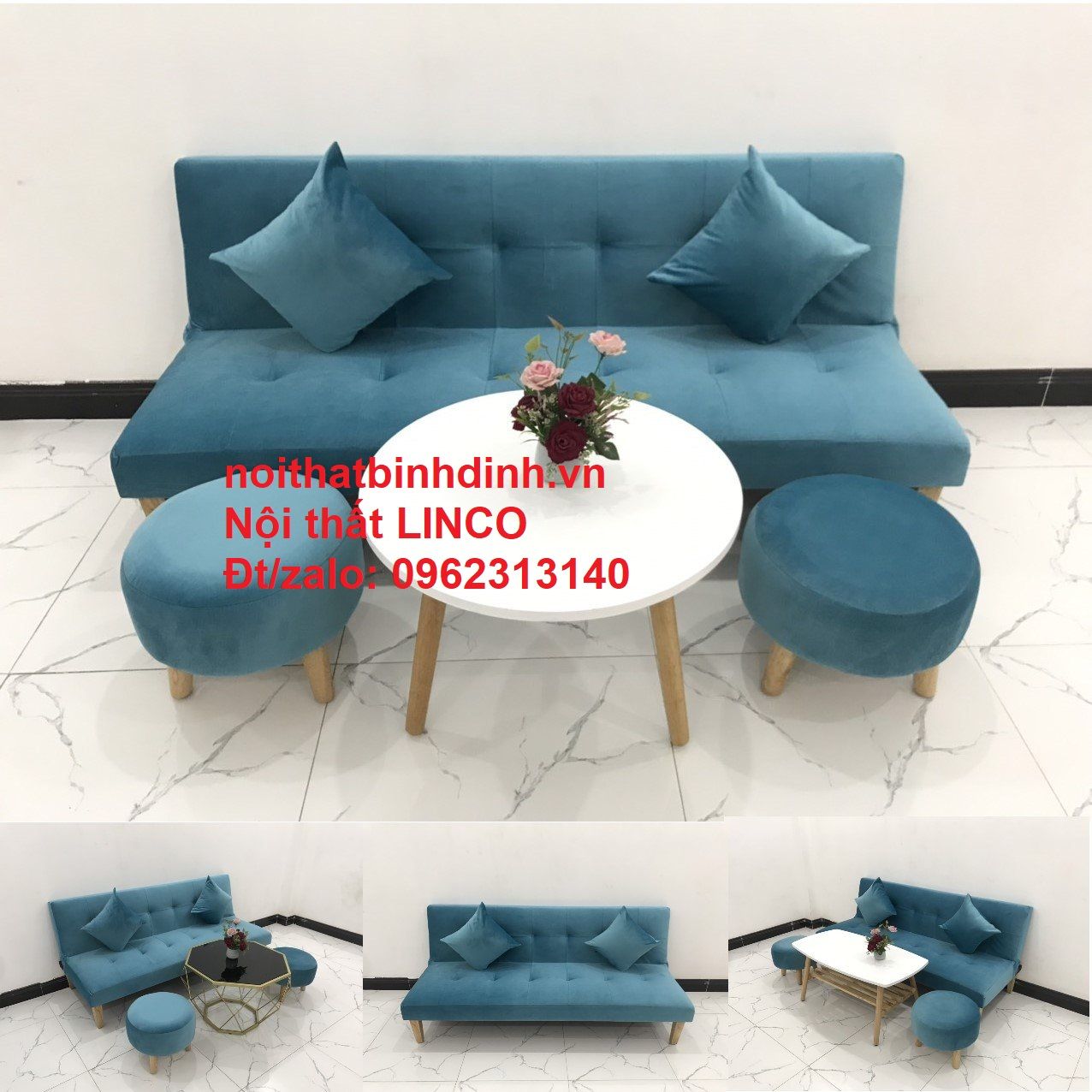 Bộ ghế sofa bed bật giường xanh dương vải nhung dài 1m72