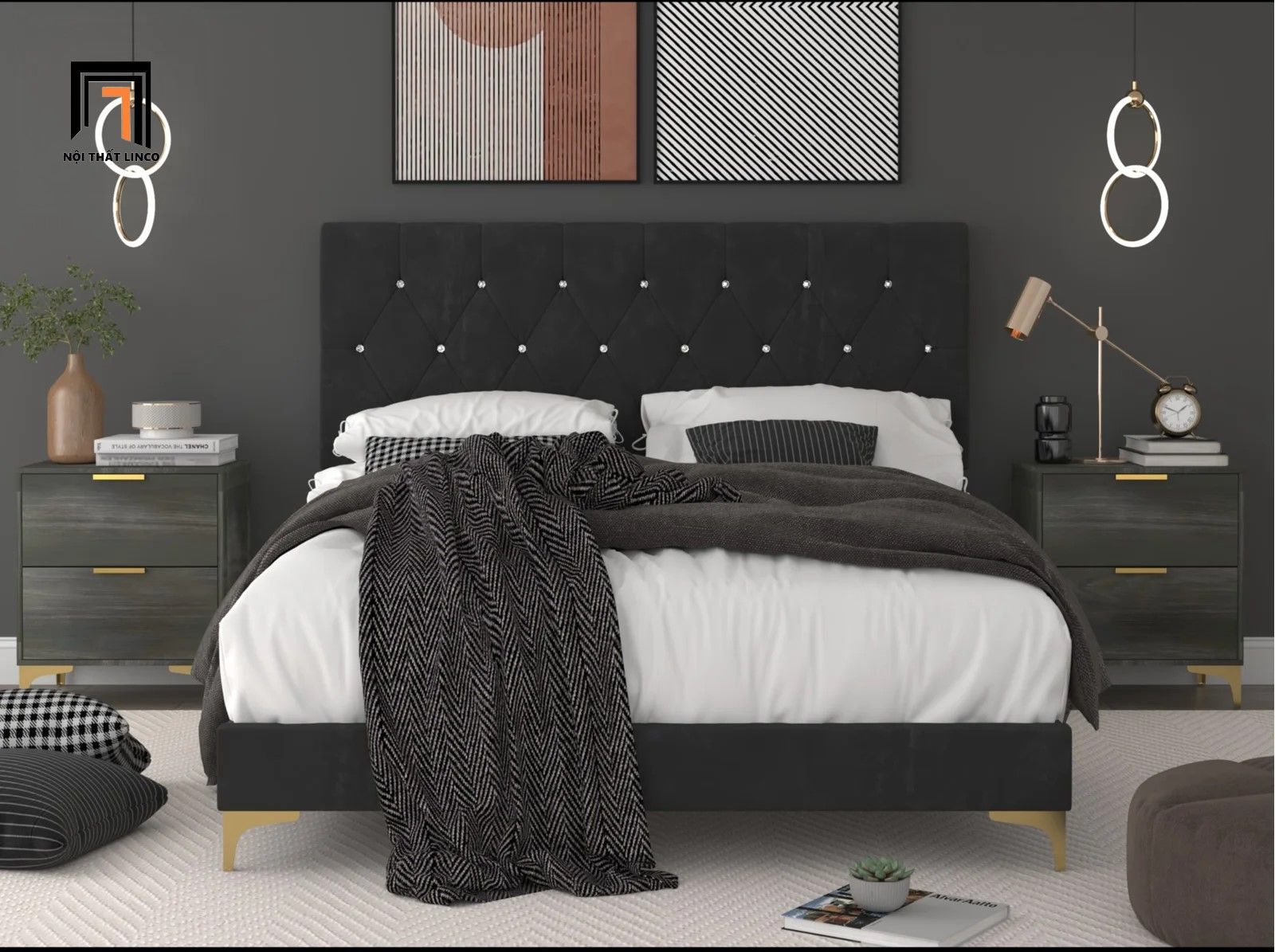 Giường ngủ vải nỉ màu đen 1m6 x 2m GN20 Ossabaw đính nút