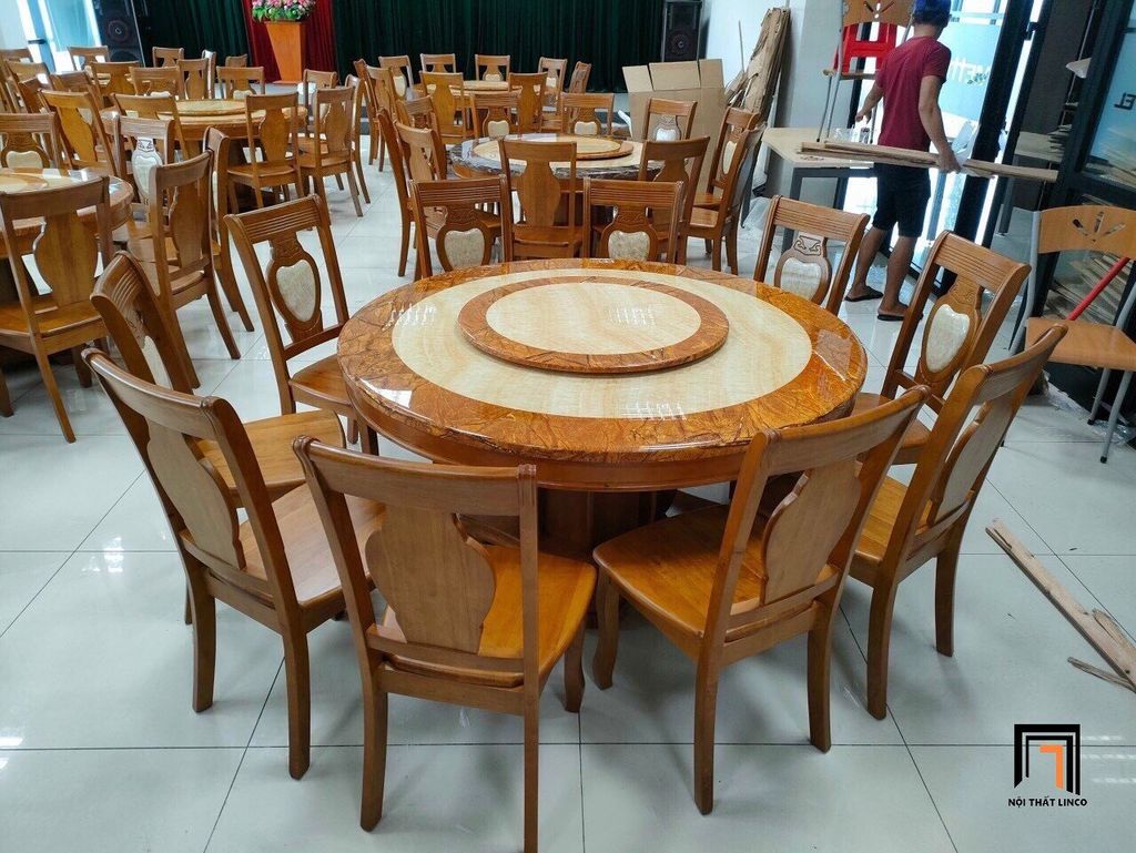 Bộ bàn ăn 10 ghế gia đình GF21-BAD10-G315-B359 mặt đá tròn