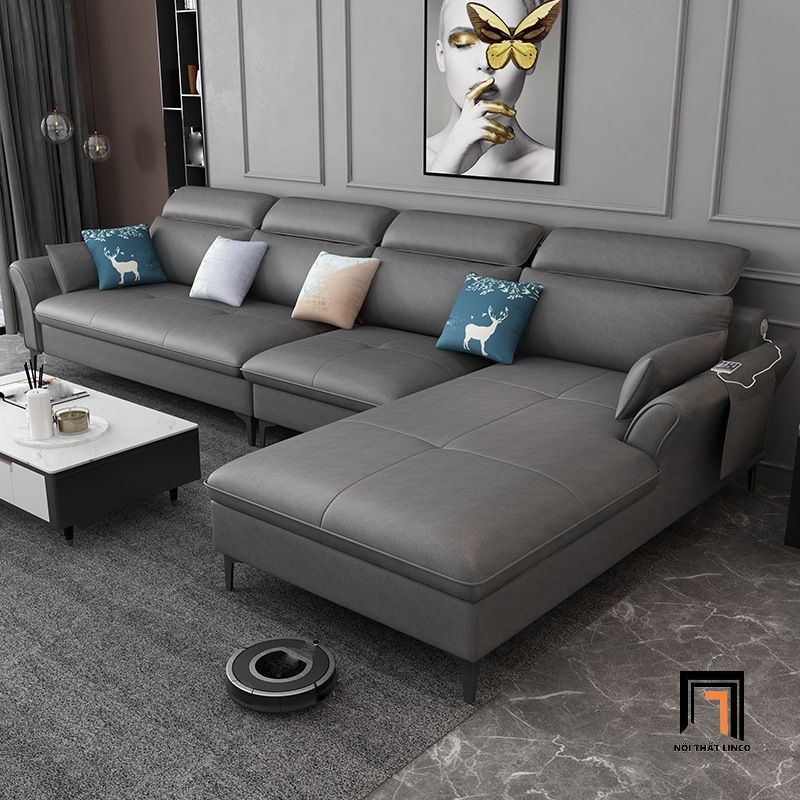 Bộ ghế sofa góc chữ L GT121 Fontana 3m2 x 1m75 da giả xám đen