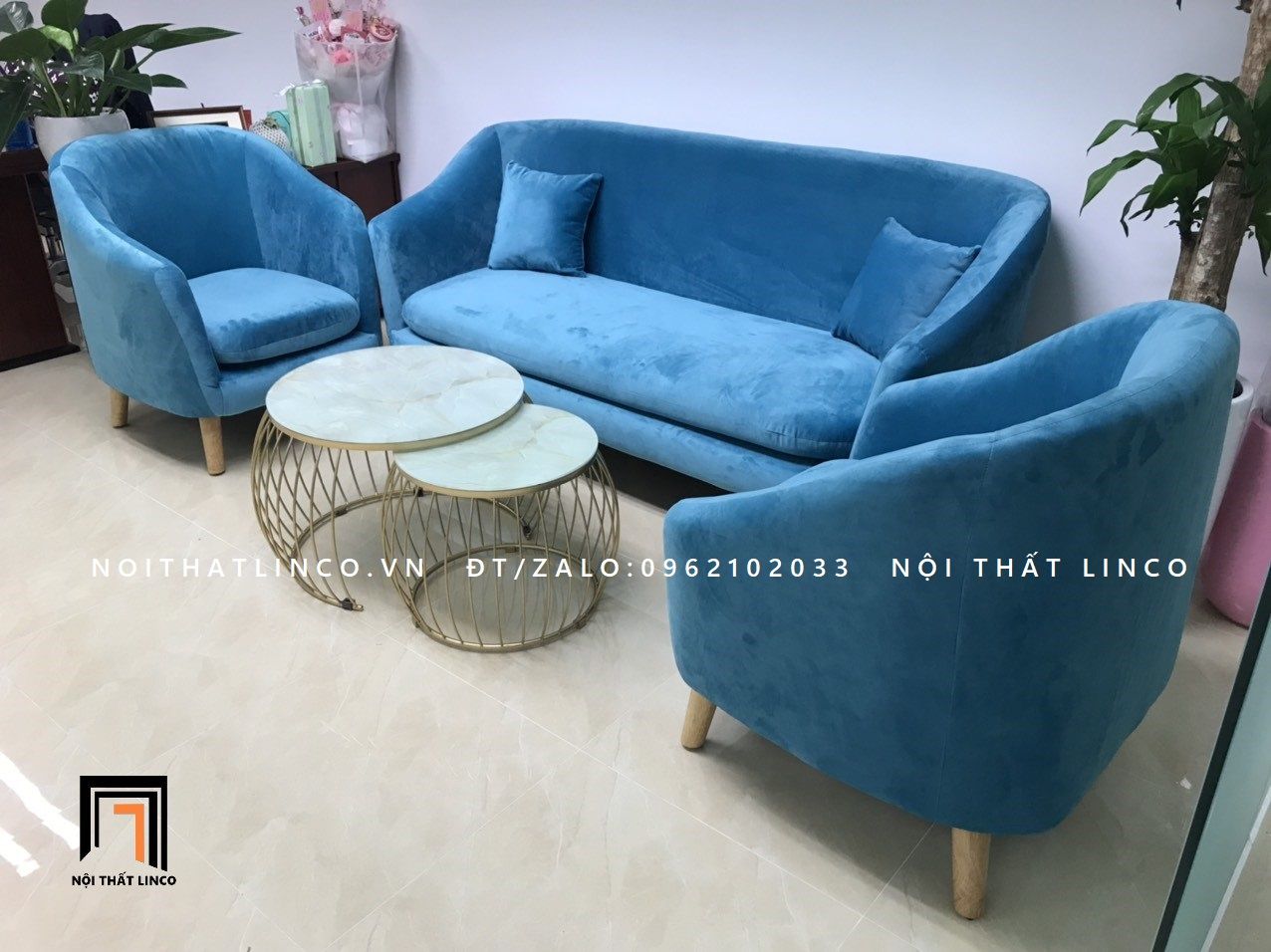 Set ghế sofa văn phòng KT31 Hardy màu xanh dương vải nhung