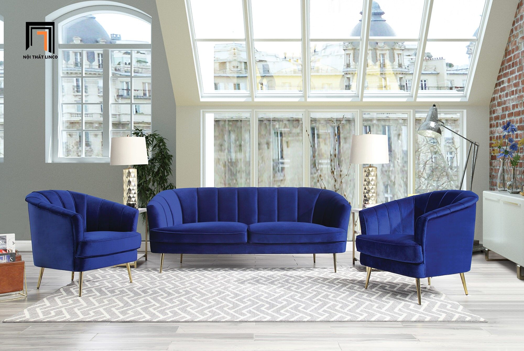 Set ghế sofa trang trí đẹp KT45 Eivor xanh đậm vải nhung