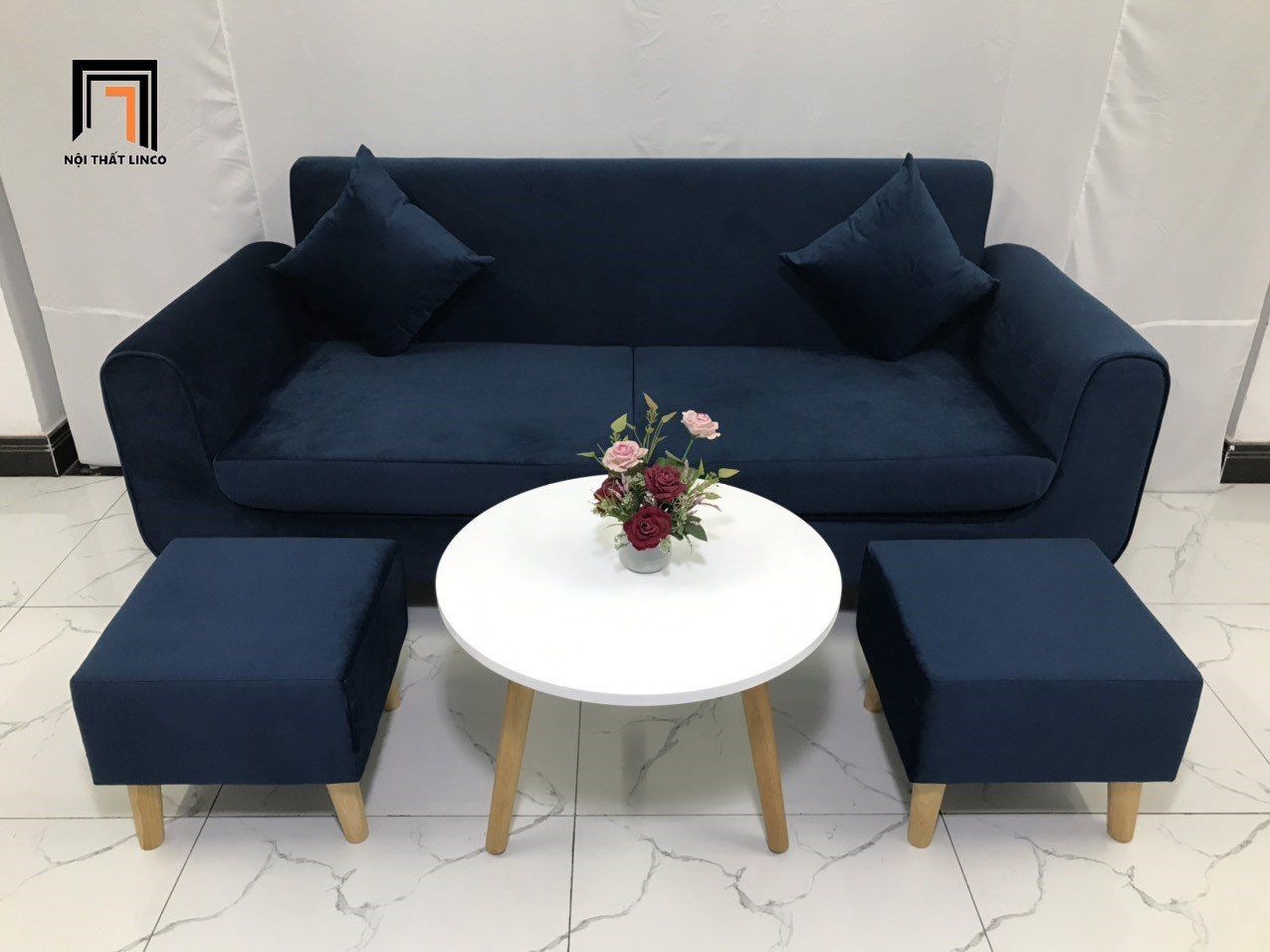 Bộ ghế sofa băng NS04 màu xanh đen vải nhung dài 1m9
