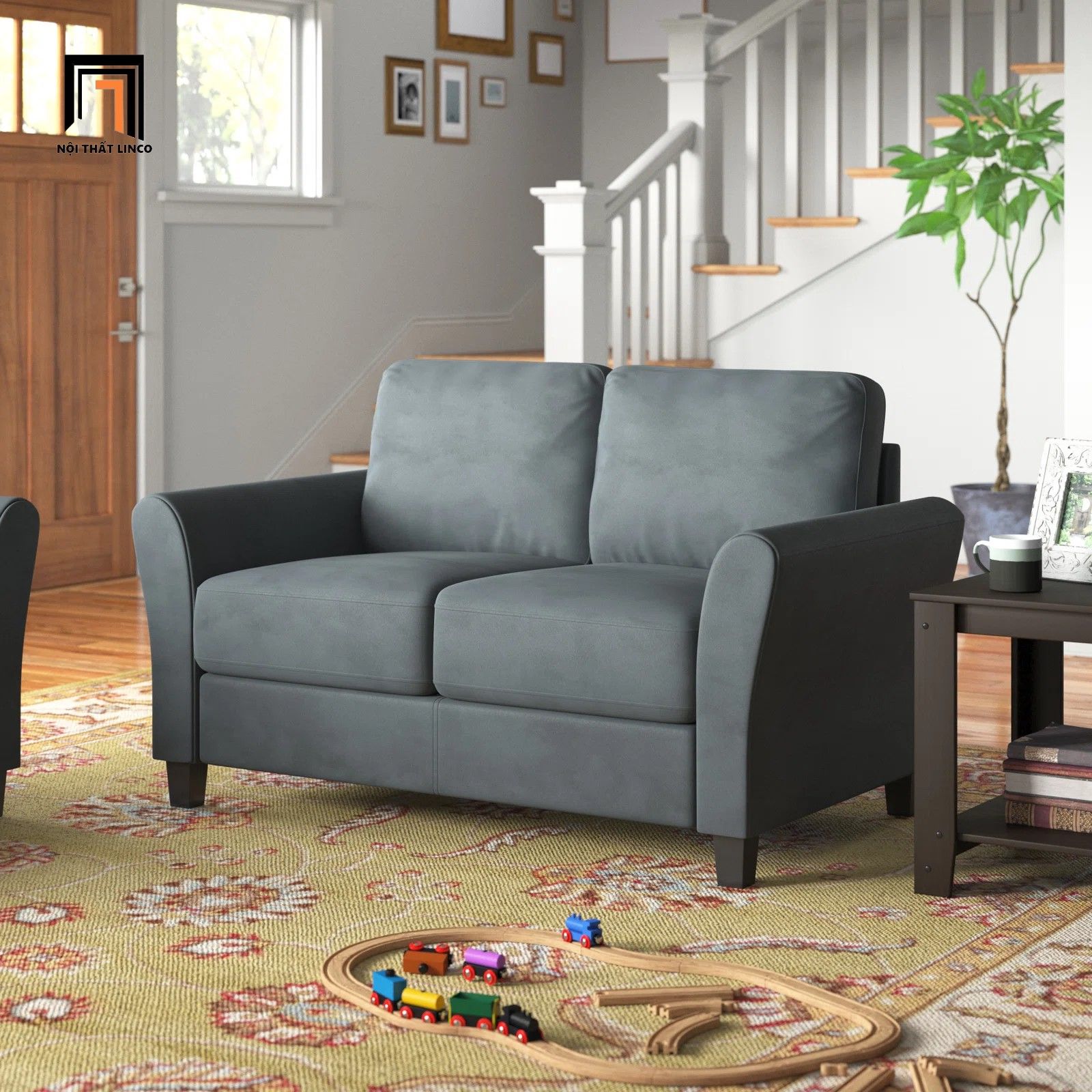 Ghế sofa băng mini nhỏ gọn 1m3 BT205 Caniah xám đen vải nhung