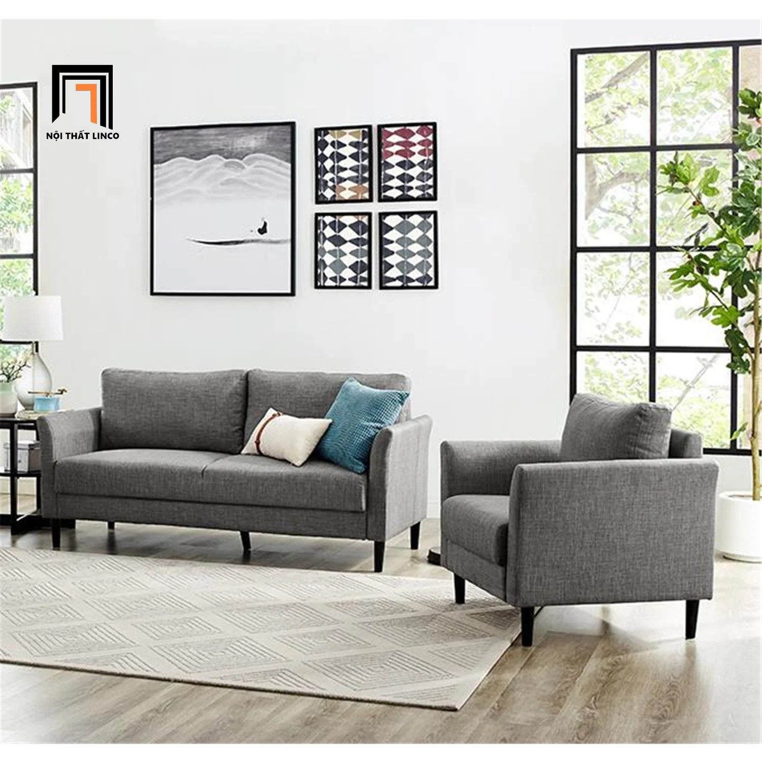 Bộ ghế sofa vải bố xám đậm KT128 Marouso văn phòng làm việc