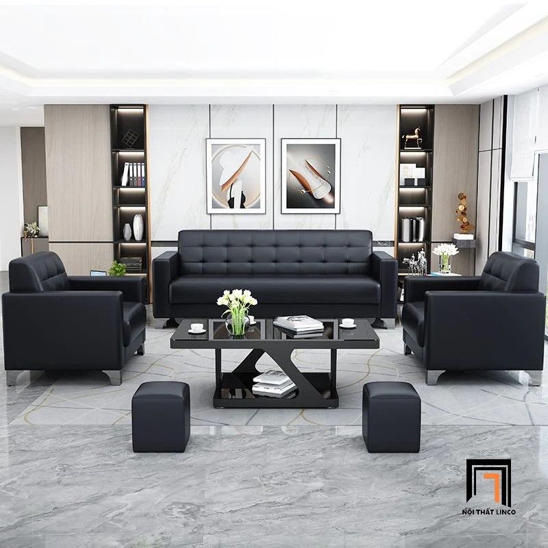 Bộ ghế sofa văn phòng giá rẻ KT76 Custer da Pu màu đen đẹp